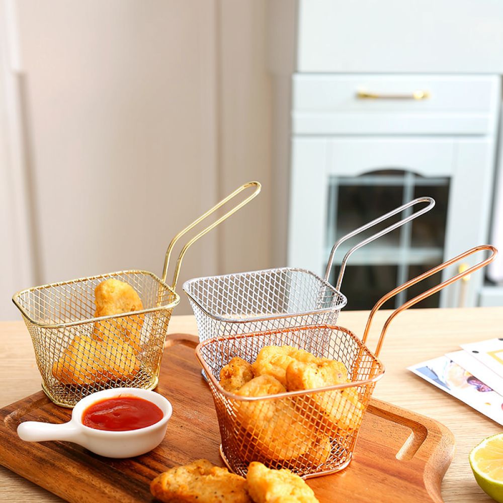 Food Snacks Catering - Dekorativer Mini-Quadrat-Frittierkorb, Roségold, Metallnetzbehälter für Party-Snacks,